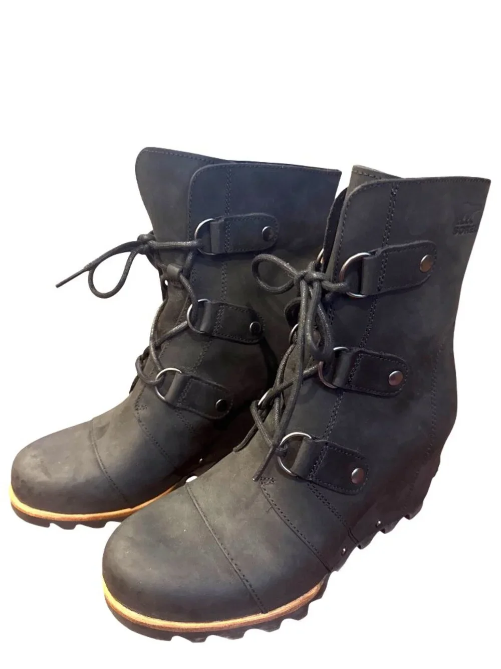 Sorel Joan Of Arctic Wedge Lace Up Boots Black Nubuck Womens Size 8 Waterproof